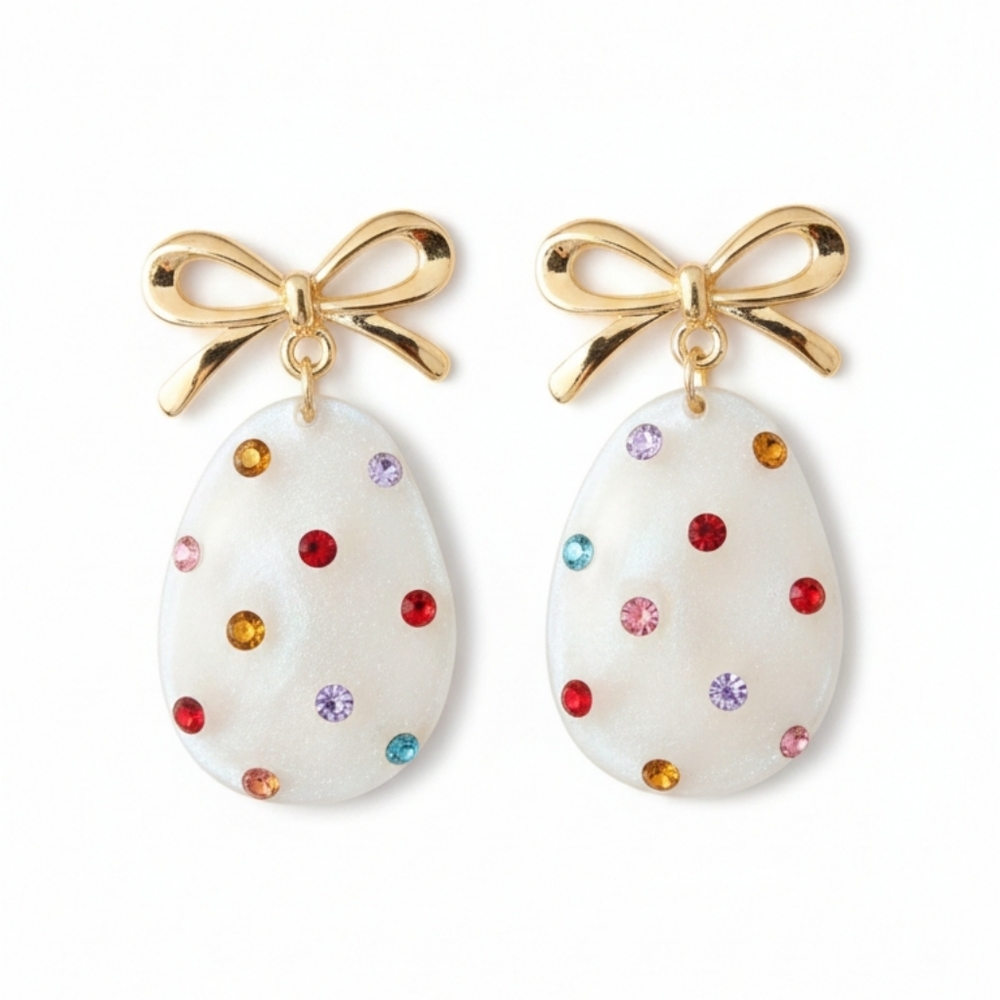 🆕️ Easter Shimmery Gold Bow and Gemstone Egg Earrings Large  NWOT